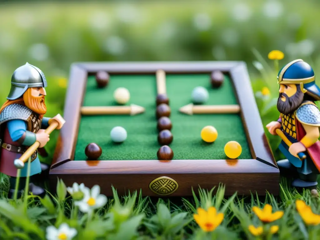 Recreación de vikingos jugando Hnefatafl en prado verde con flores silvestres