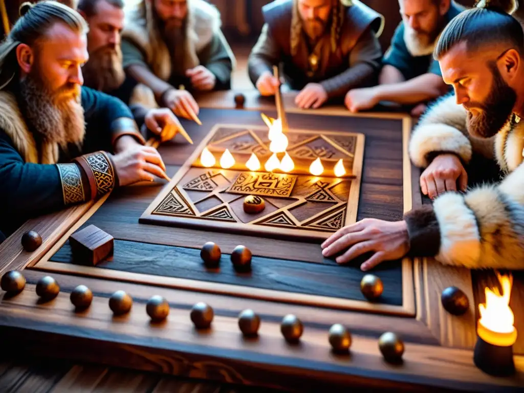 Vikingos juegan Hnefatafl en un tablero de madera con símbolos antiguos, en una atmósfera de juegos de mesa rituales vikingos