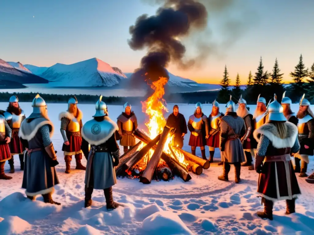 Vikingos celebrando el Yule alrededor de una hoguera en invierno