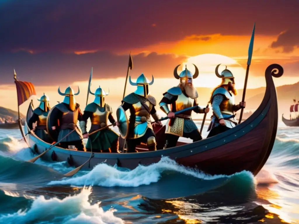 Vikingos en AlÁndalus, incursiones España: Guerreros vikingos en un drakkar al atardecer, navegando hacia la costa de AlÁndalus