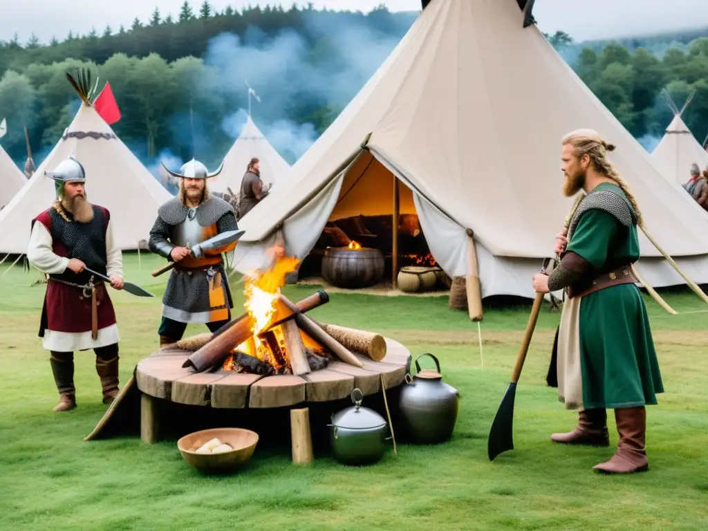 Campamento vikingo: vida y tradiciones en detalle Vikingos inmersos en la vida diaria en un campamento histórico