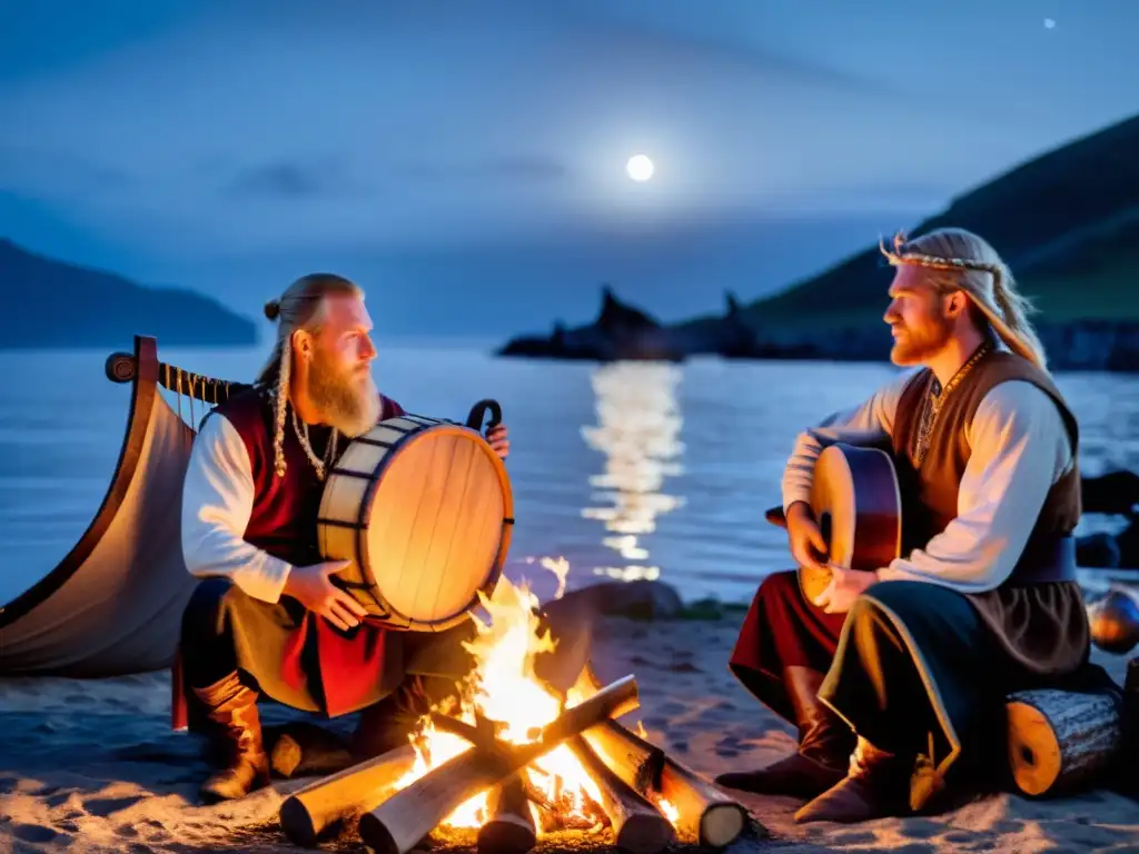 Vikingos tocando instrumentos tradicionales en un campamento bajo las estrellas