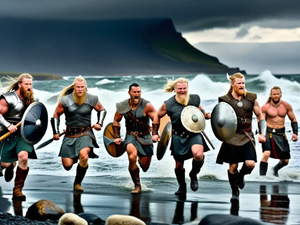 Vikingos en intensa preparación para competiciones vikingas de habilidad y fuerza en la costa ventosa