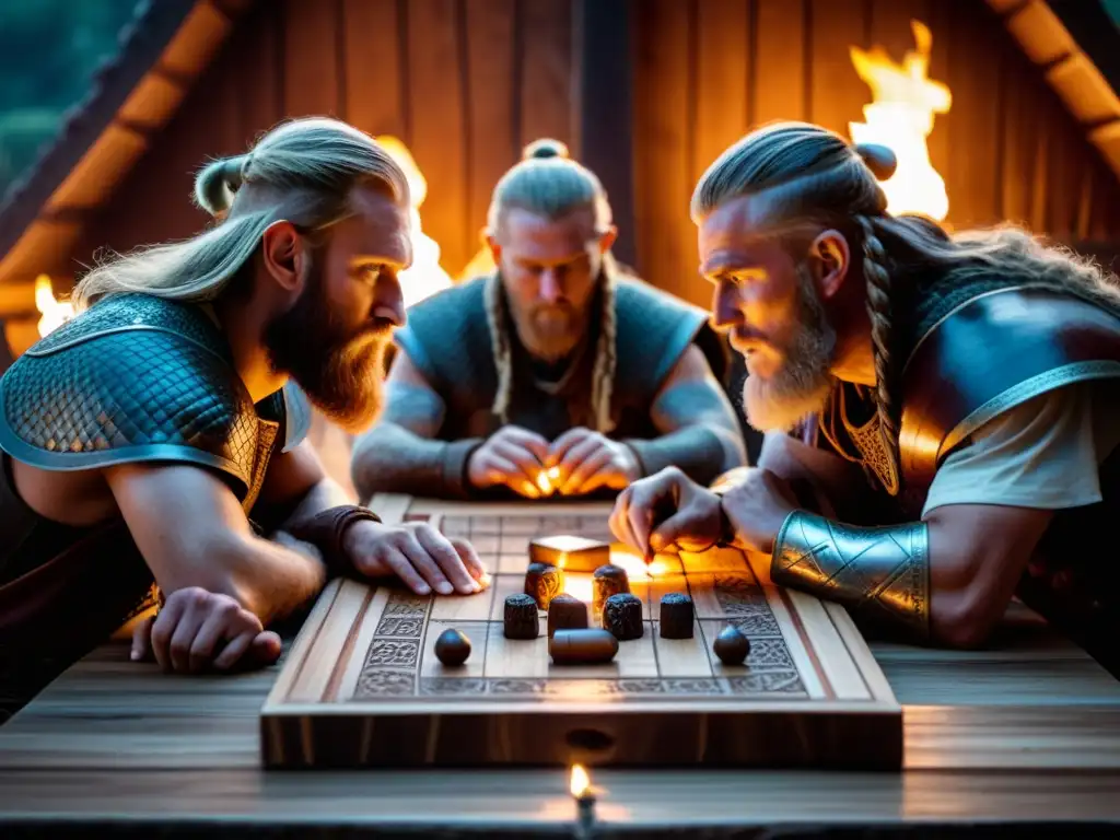 Vikingos en juego Hnefatafl estrategia vikinga en cálida cabaña iluminada por antorchas