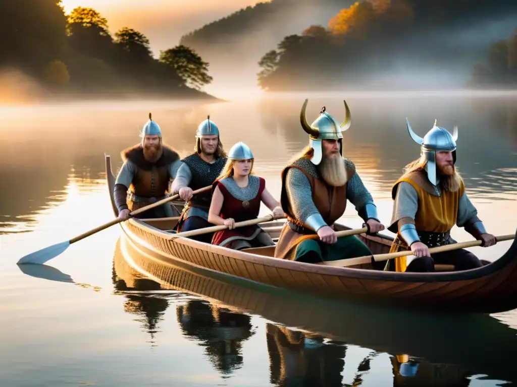 Vikingos remando al amanecer en lago brumoso, mostrando fuerza y resistencia