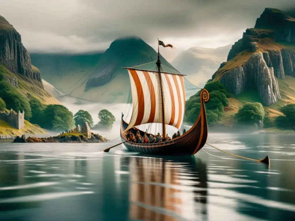 Vikingos navegando en un lago escocés rodeado de montañas y ruinas, evocando un asentamiento vikingo en Escocia