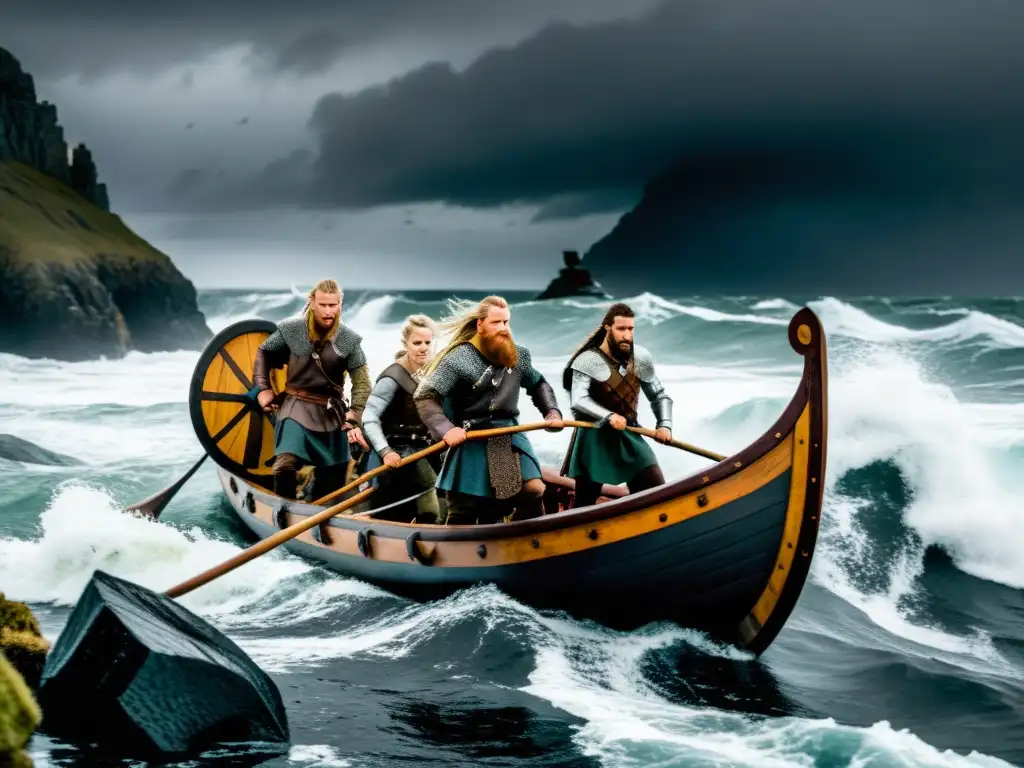 Vikingos navegando en un largo barco en un paisaje rocoso y tormentoso, preparando tácticas de supervivencia en la era vikinga