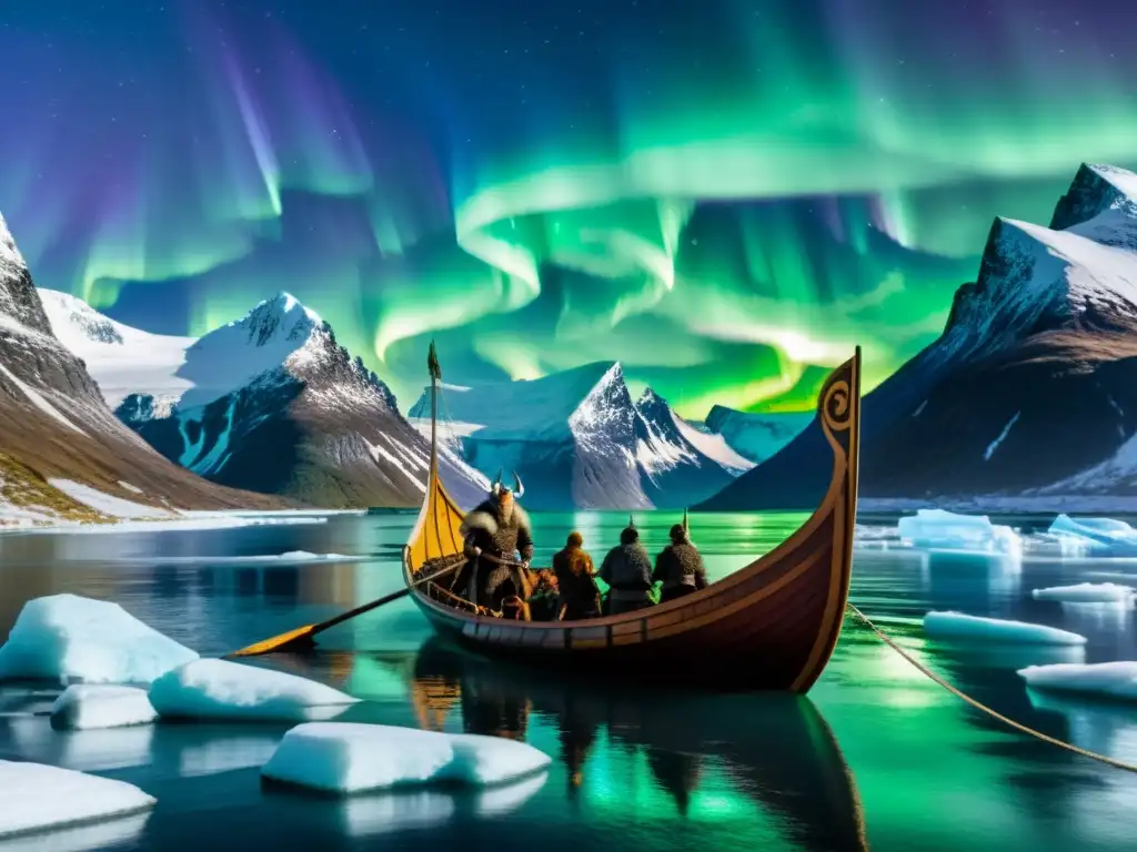 Vikingos en su longship, navegando por aguas nórdicas heladas, rodeados de montañas nevadas y auroras boreales