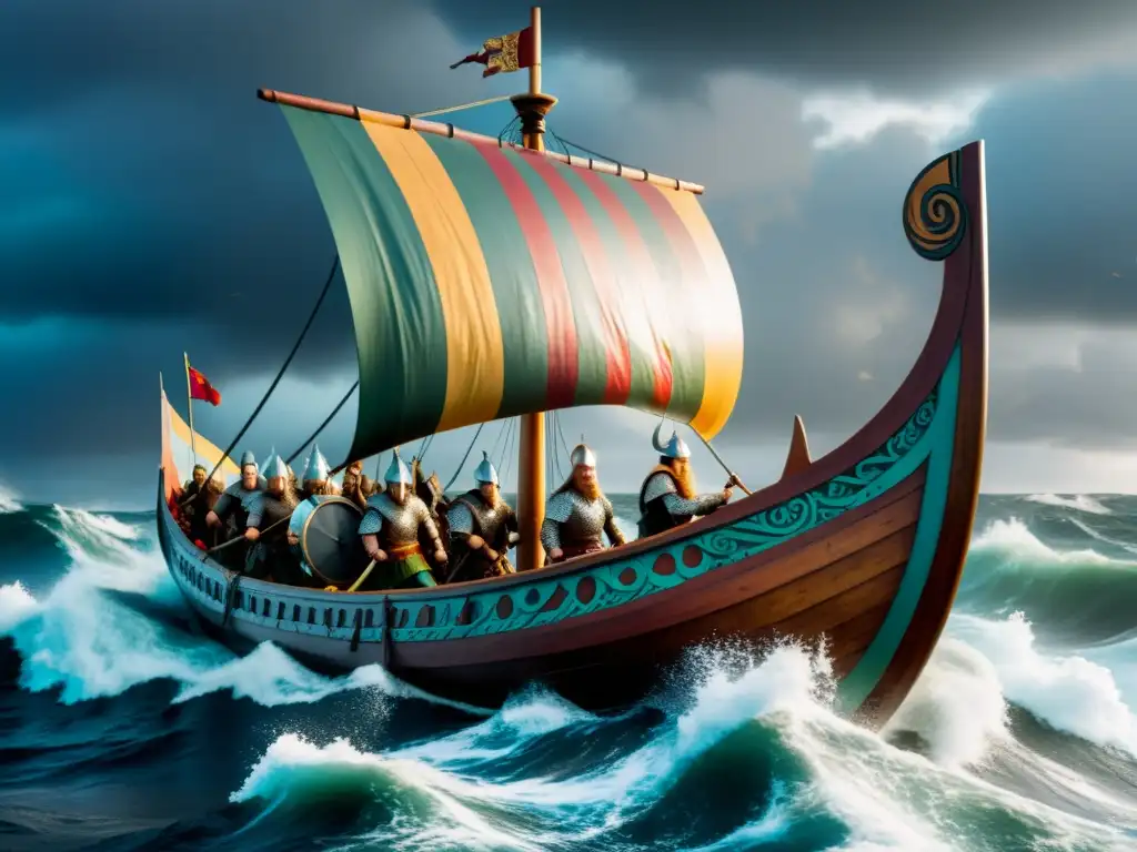 Vikingos en su longship en medio de tormenta, listos para la batalla