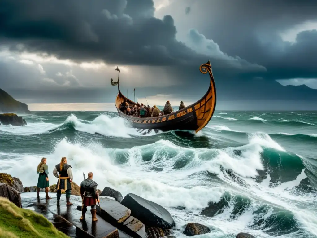 Vikingos observan el mar desde la costa rocosa mientras su barco zarpa bajo un cielo tormentoso