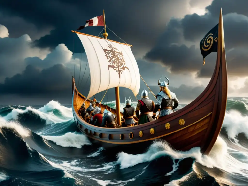 Vikingos navegando en un drakkar en alta mar con técnicas vikingas de navegación ancestral