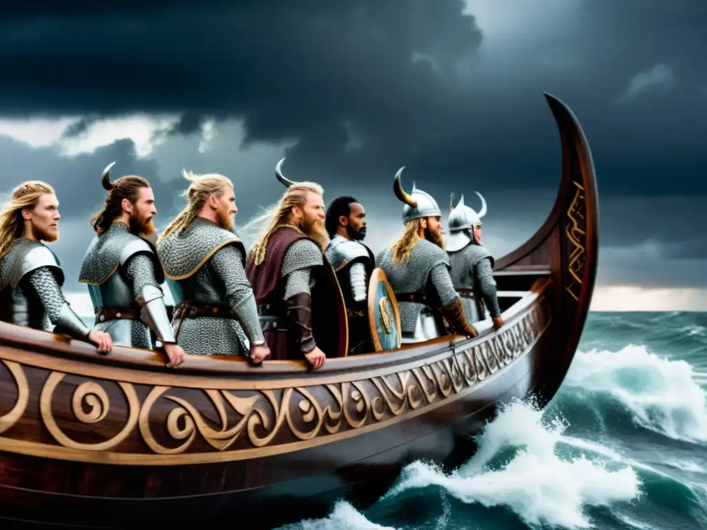 Vikingos navegando en su drakkar en medio de una tormenta, listos para la batalla