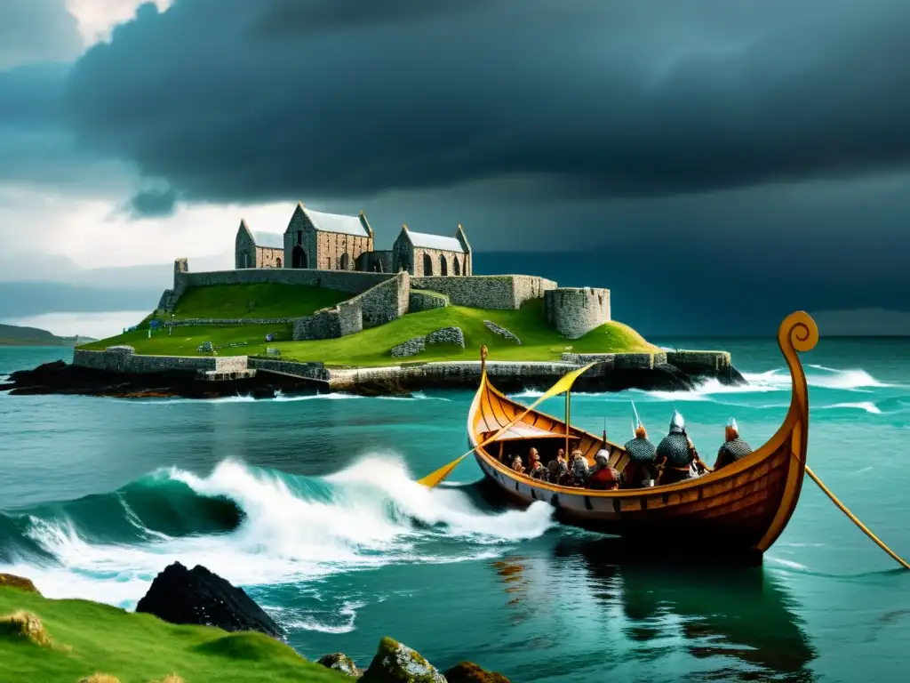 Vikingos desembarcan en el Monasterio de Iona en medio de una tormenta, mostrando la historia vikinga