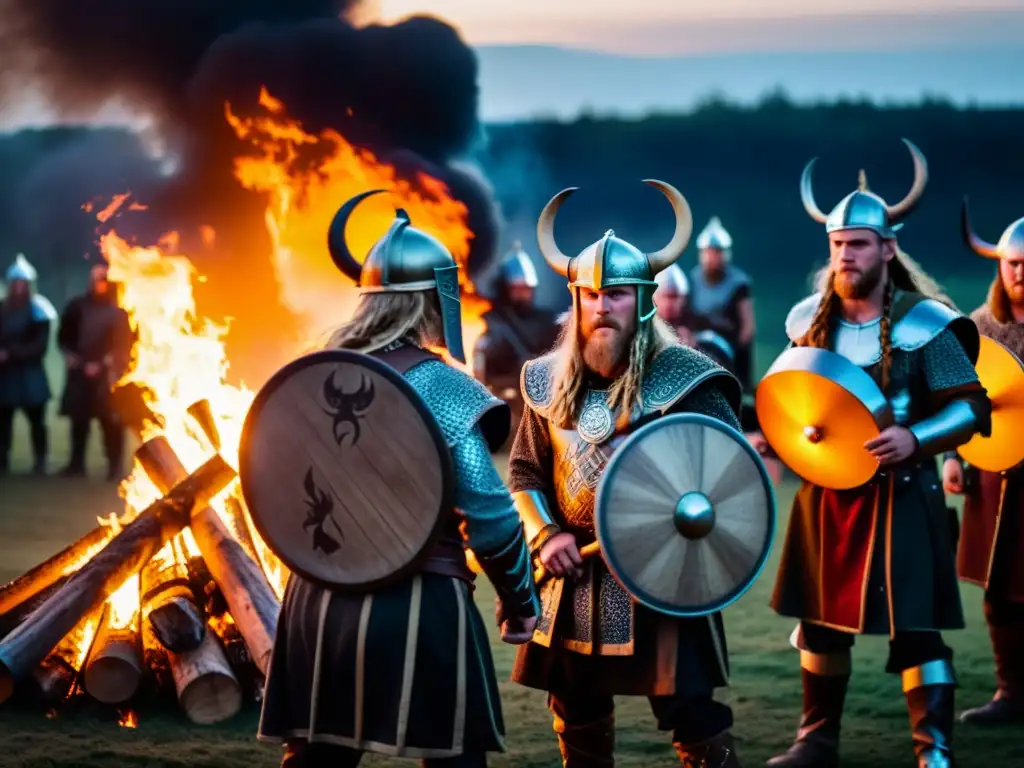 Vikingos escuchando música y simbolismo en celebraciones vikingas junto a una hoguera nocturna