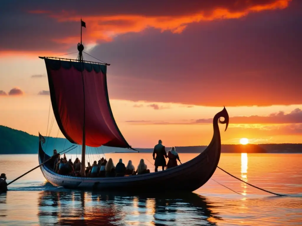 Vikingos en su nave al atardecer, reflejos del cielo en el agua quieta