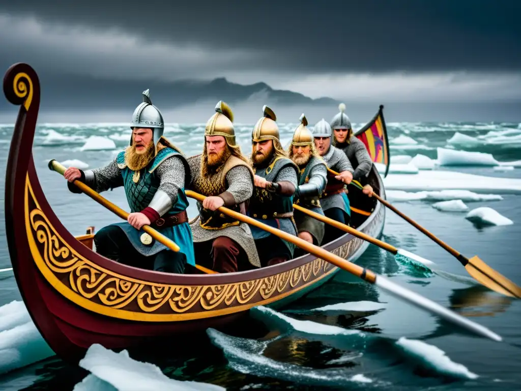 Vikingos en expedición a América del Norte en su largo barco, navegando por aguas heladas bajo un cielo tormentoso