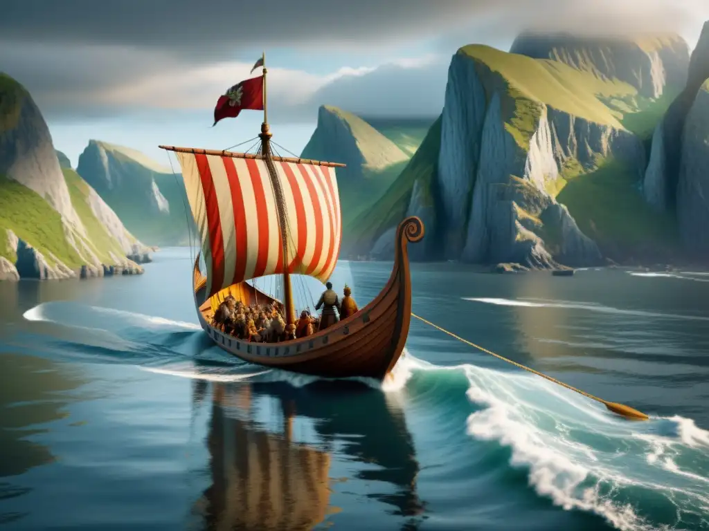 Vikingos explorando América del Norte en un drakkar, colonización vikinga América del Norte