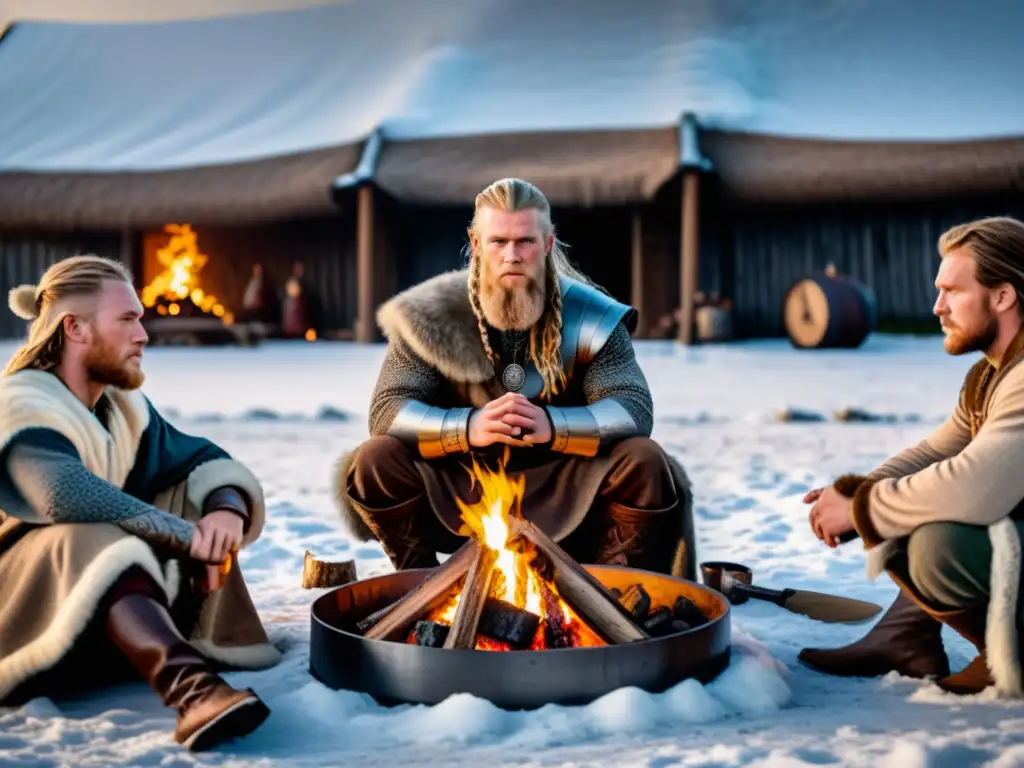 Vikingos en pacto sagrado rodeados de nieve, con fuego y armas, reflejando fidelidad y honor en costumbres vikingas