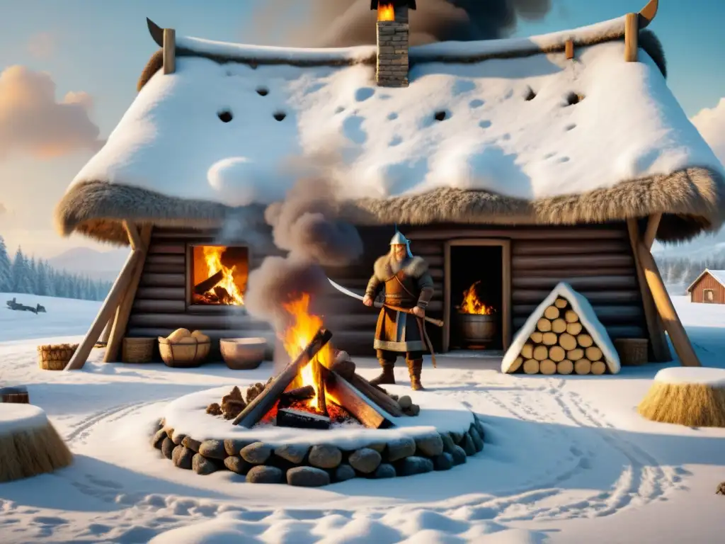 Vikingos horneando pan en una casa nórdica nevada