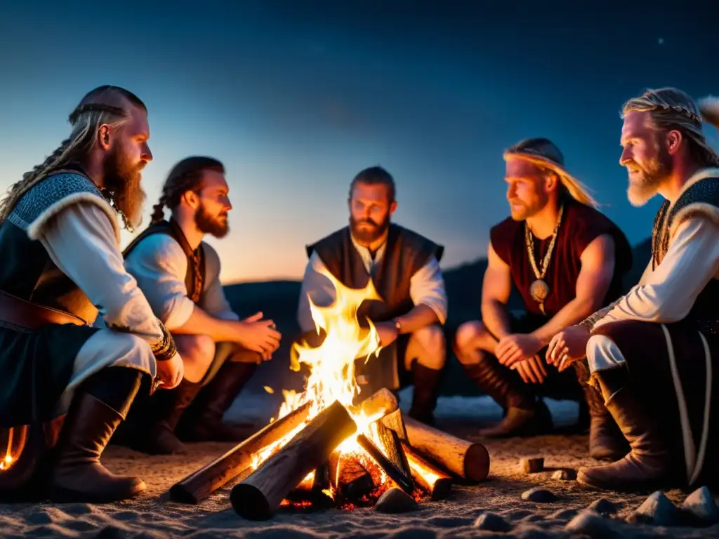 Vikingos tocando percusiones alrededor de una hoguera en la noche, evocando ritmos de Ragnarök vikingo