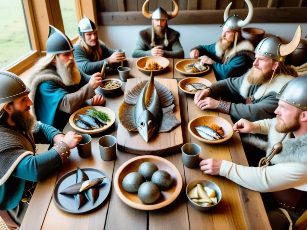 Vikingos disfrutando de pescado seco en su festín en el salón iluminado por antorchas