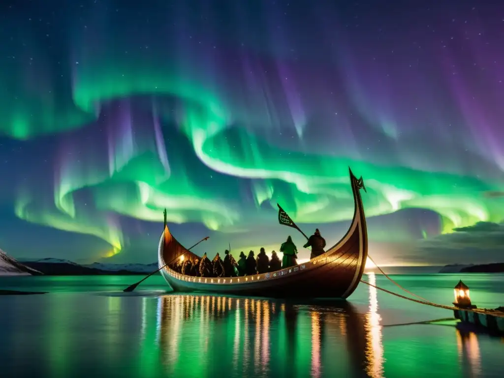 Vikingos realizando práctica de runas en rituales vikingos bajo las auroras boreales