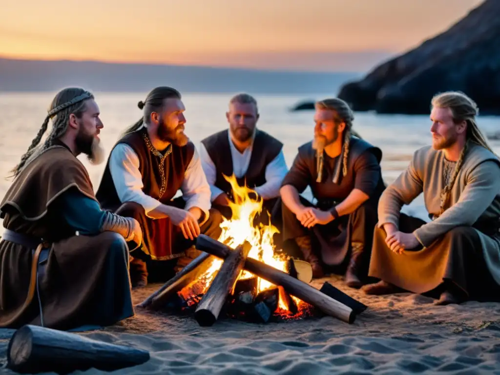 Vikingos reales reunidos alrededor de una fogata, narrando historias en un campamento al atardecer