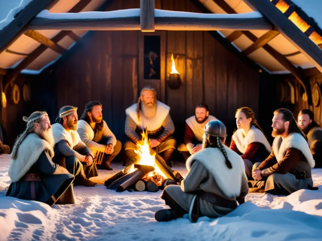 Vikingos escuchando relatos de conversión religiosa en narrativas vikingas alrededor de una hoguera en una casa larga, rodeados de montañas nevadas