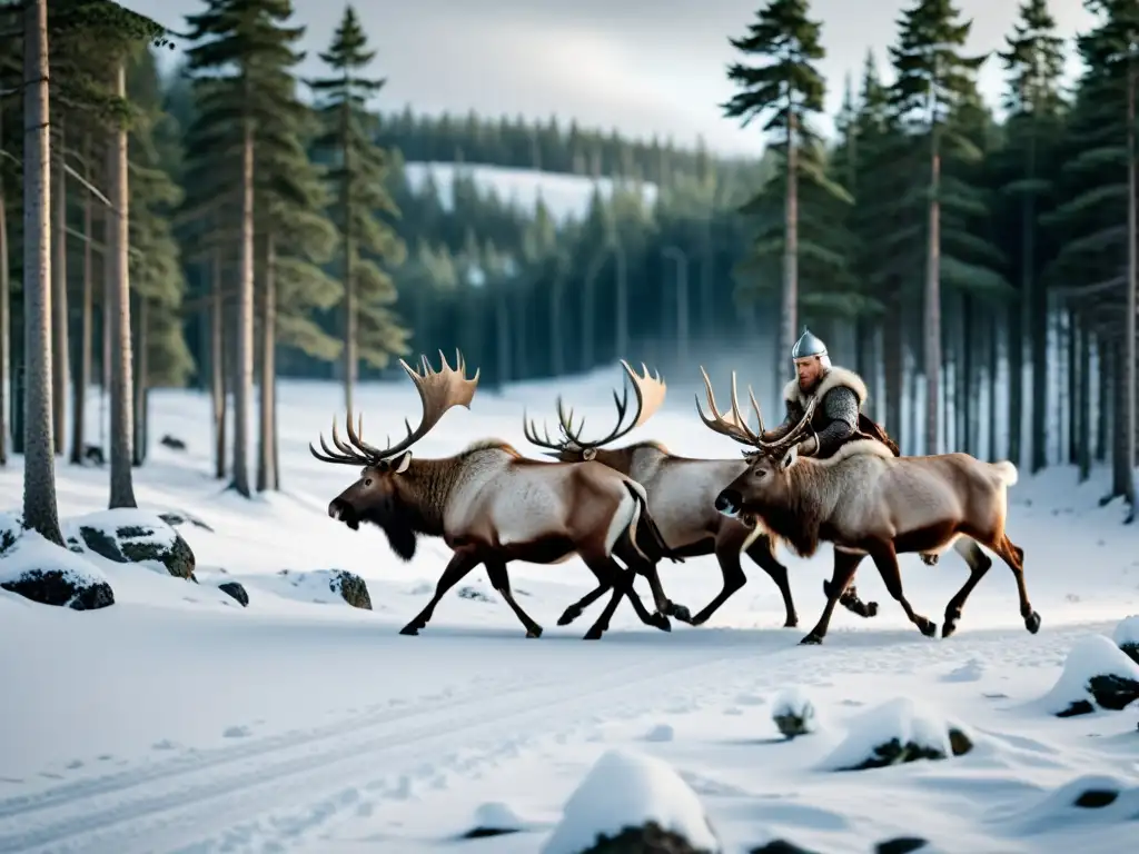 Vikingos cazando un reno en un bosque nevado con técnicas ancestrales de caza vikinga