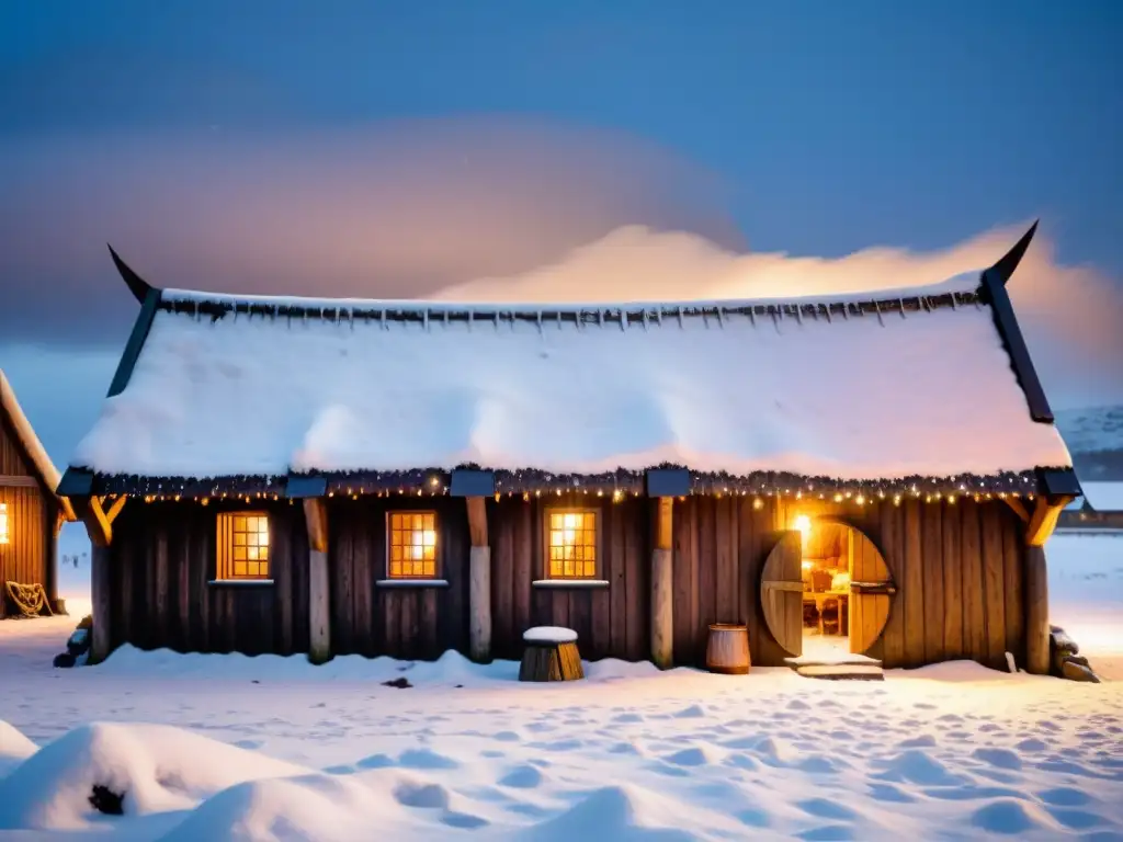 Vikingos reunidos en una casa larga iluminada en una noche invernal, reflejando la jerarquía social en la era vikinga