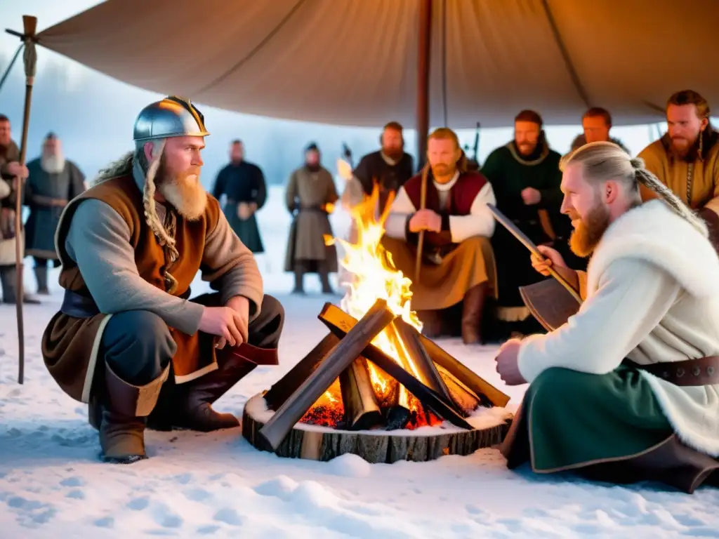 Vikingos reunidos alrededor del fuego en festival de invierno, dedicados a juegos de entretenimiento vikingo