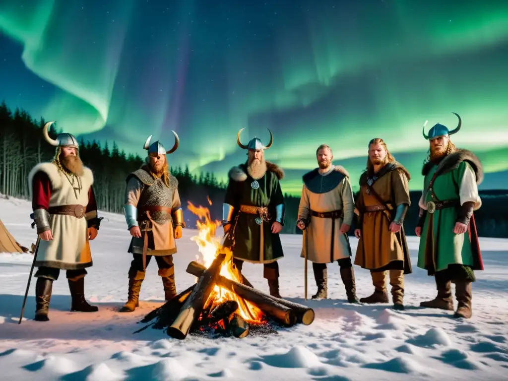 Vikingos reunidos alrededor de una hoguera en un bosque nevado, con auroras boreales