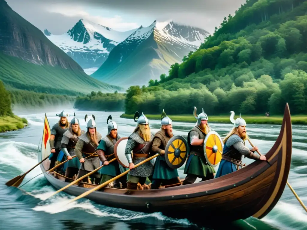 Vikingos navegando en un río hacia la Fundación de la Dinastía Vikinga en Rusia, rodeados de bosques y montañas nevadas