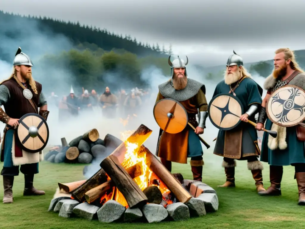 Vikingos reencenando ritual alrededor de fogata, con runas y paisaje boscoso