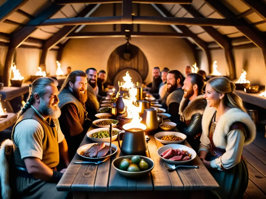 Vikingos celebran con festín en salón largo mientras disfrutan de comida y bebida