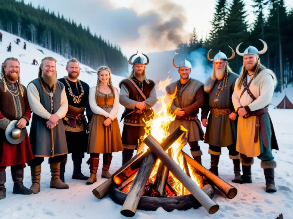 Vikingos celebran el solsticio de invierno alrededor de la hoguera en un bosque nevado