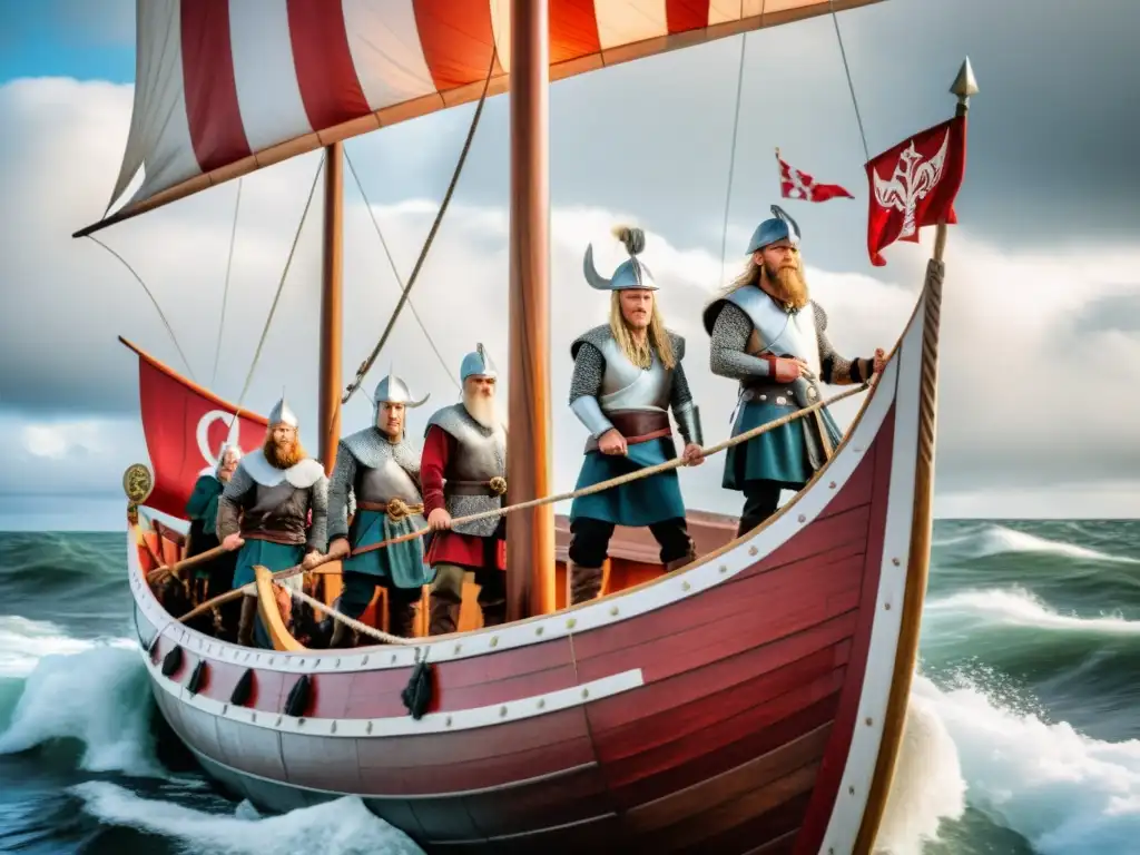 Vikingos usando sunstones como instrumento de navegación en un barco de vela roja y blanca bajo un cielo nublado