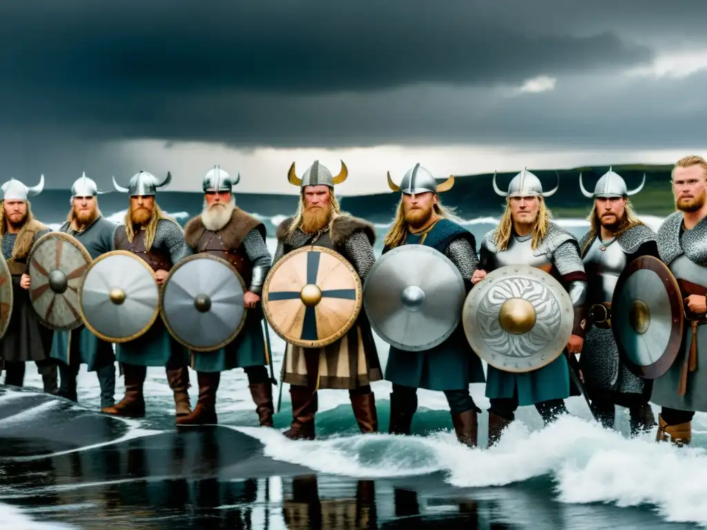 Vikingos en tácticas defensivas en la costa rocosa bajo nubes tormentosas