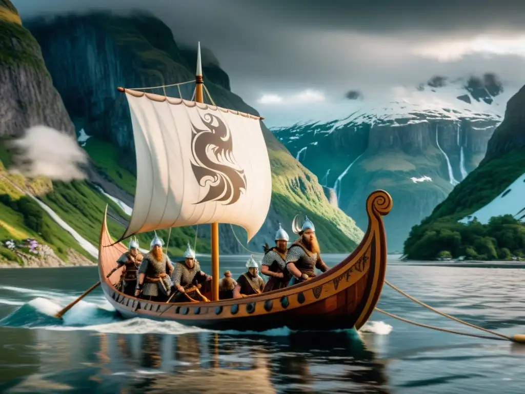 Vikingos planeando tácticas de enseñanza vikinga innovadoras en un drakkar, rodeados de montañas nevadas y un cielo dramático