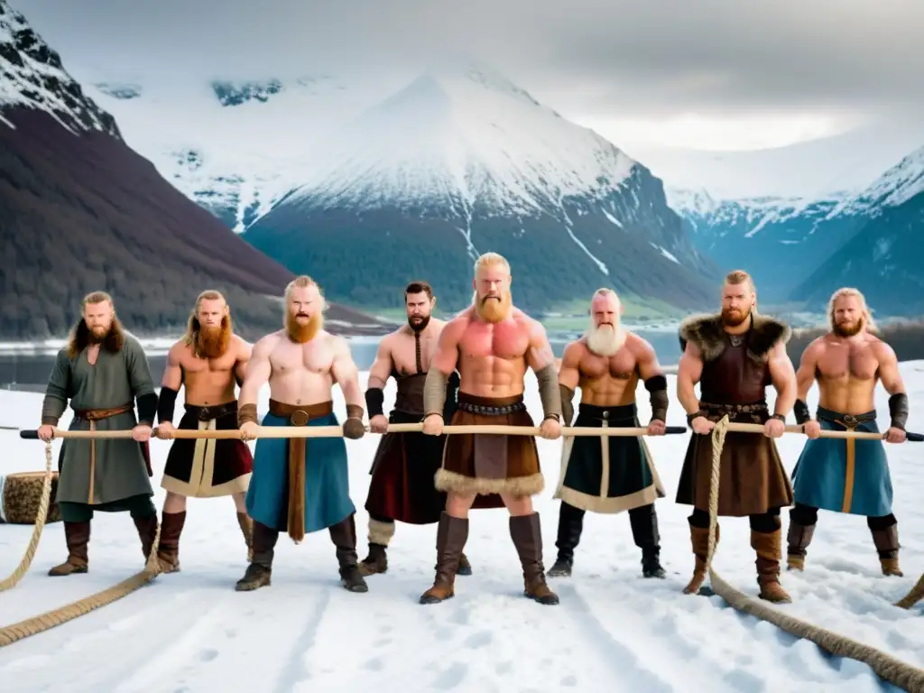 Vikingos mostrando tenacidad en su entrenamiento fitness en la nieve, paisaje montañoso de fondo