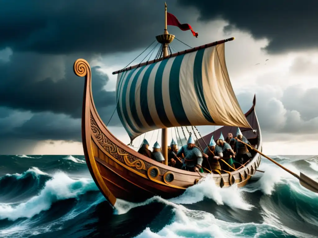 Vikingos en tormenta: barco con guerreros y dragones, reflejo del legado vikingo en la cultura normanda