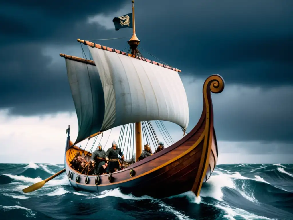 Vikingos navegando en tormenta hacia América, con Leif Erikson al timón