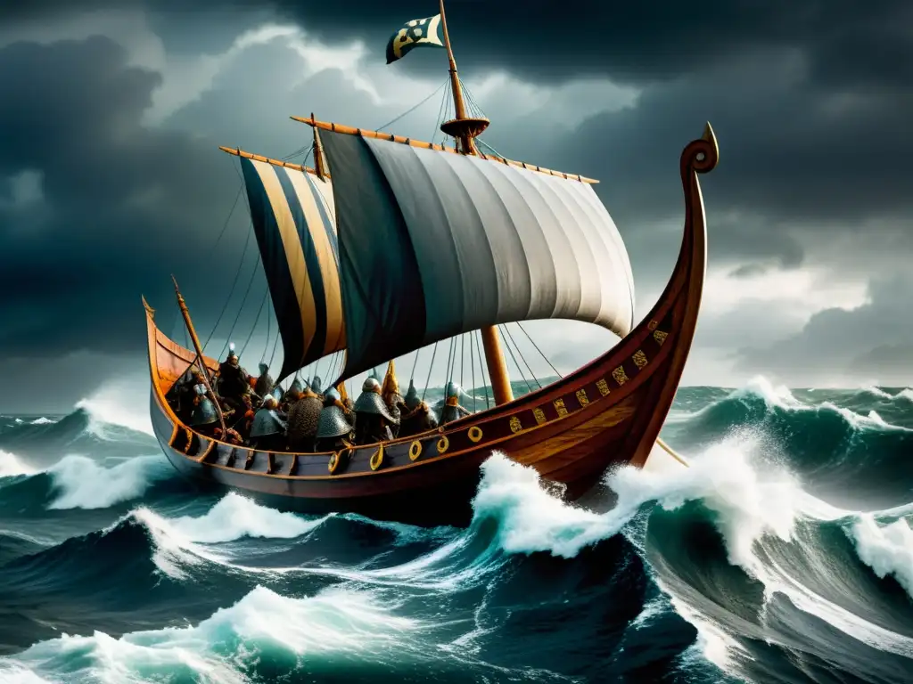 Vikingos navegando en tormenta en rutas de poder vikingas