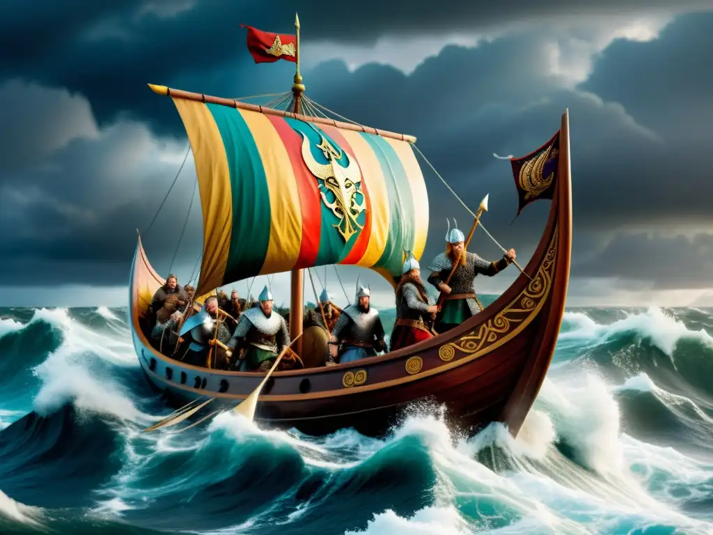 Vikingos valientes en alta mar, luchando contra el viento y las olas en su largo barco decorado con dragones y escudos coloridos