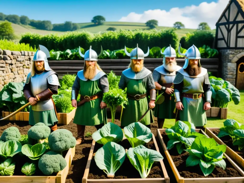 Vikingos cultivando verduras en fortaleza vikinga bajo el sol nórdico