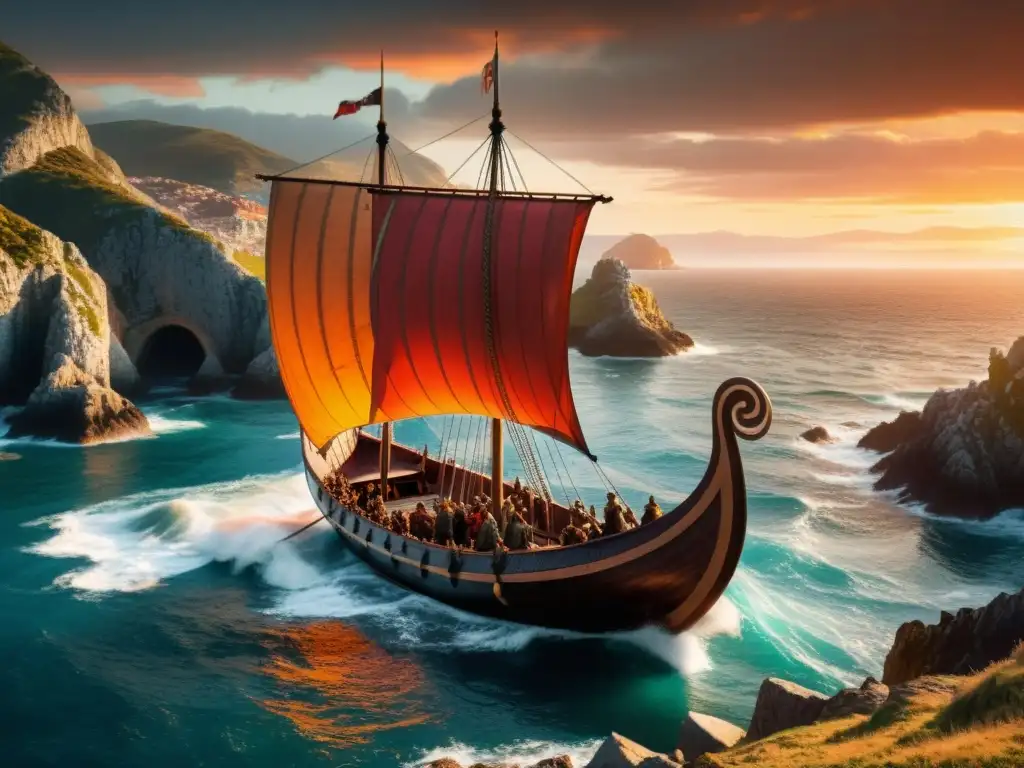 Vikingos en España: un drakkar vikingo surca la costa norteña al atardecer, con tripulación feroz y decoraciones detalladas