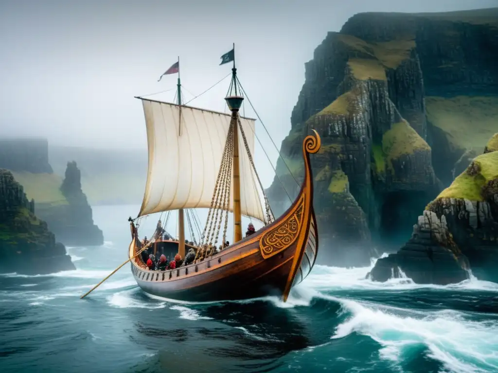 Vikingos en Escocia: Orkney y Shetland - Un drakkar vikingo navega entre la niebla, guerreros a bordo