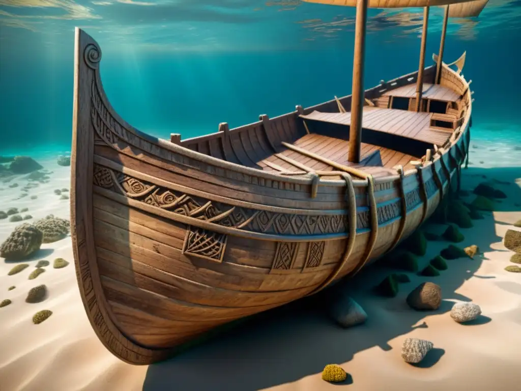 Reconstrucción virtual de un barco vikingo hundido en el lecho marino, con detalles de la embarcación y peces alrededor