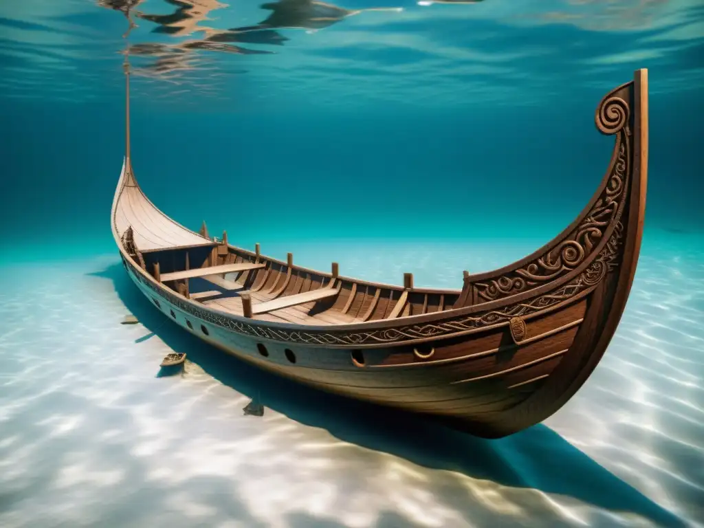 Reconstrucción virtual de un barco vikingo hundido, detallada representación digital que muestra la grandeza histórica y la inmersión en la tecnología