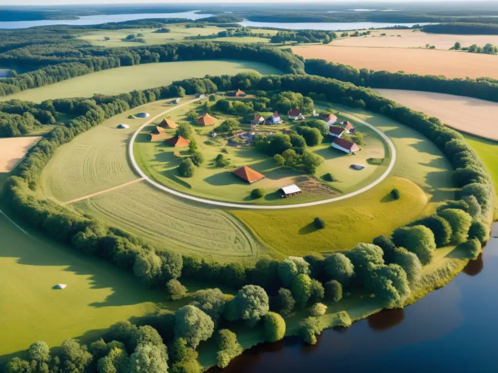 Vista aérea de la arquitectura vikinga en Gränsö, con sus estructuras y paisaje circundante detallados en la suave luz de la mañana